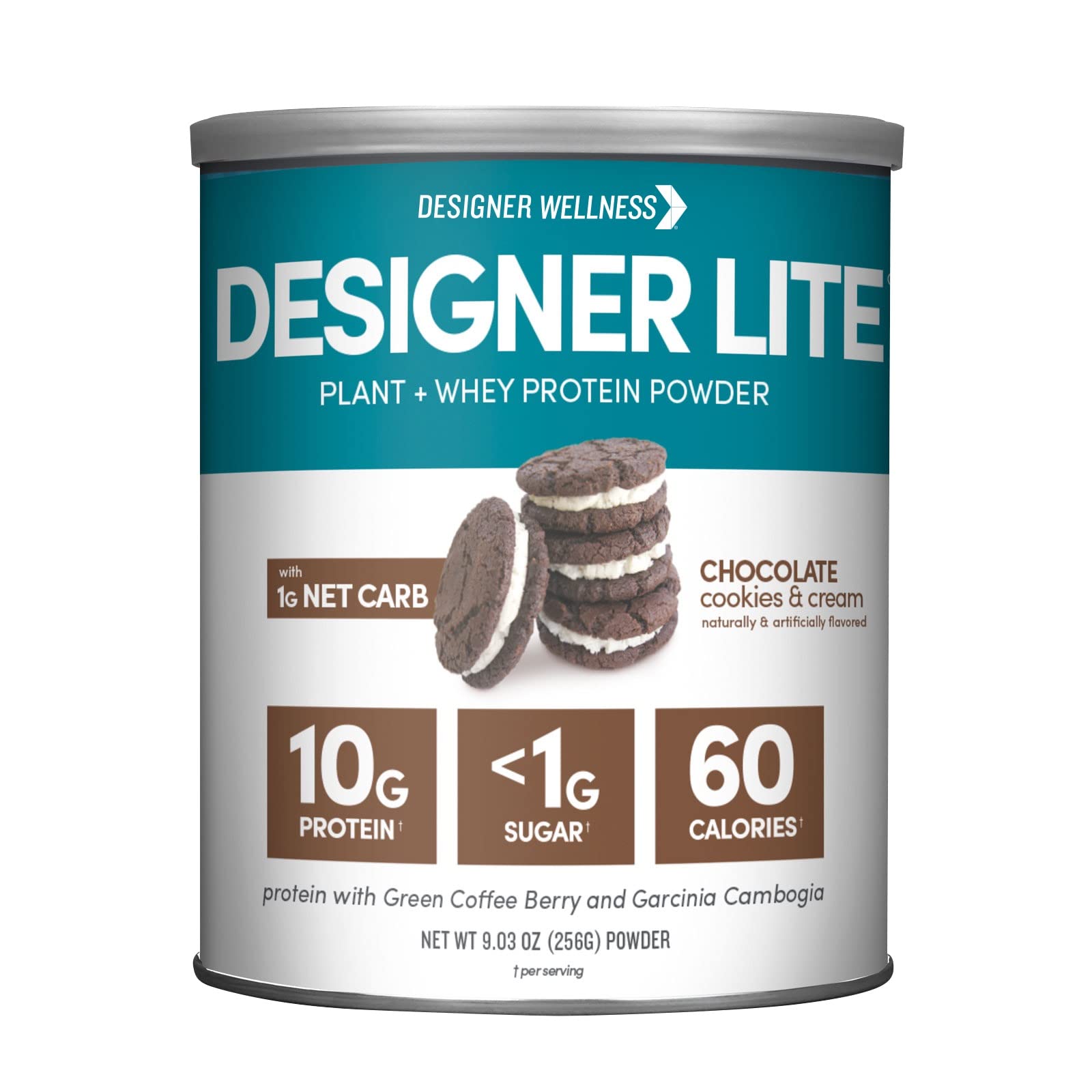 Designer Wellness Designer Lite label close-up showing a low-calorie protein option.