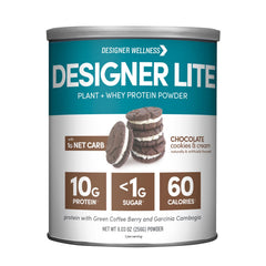 Designer Wellness Designer Lite label close-up showing a low-calorie protein option.