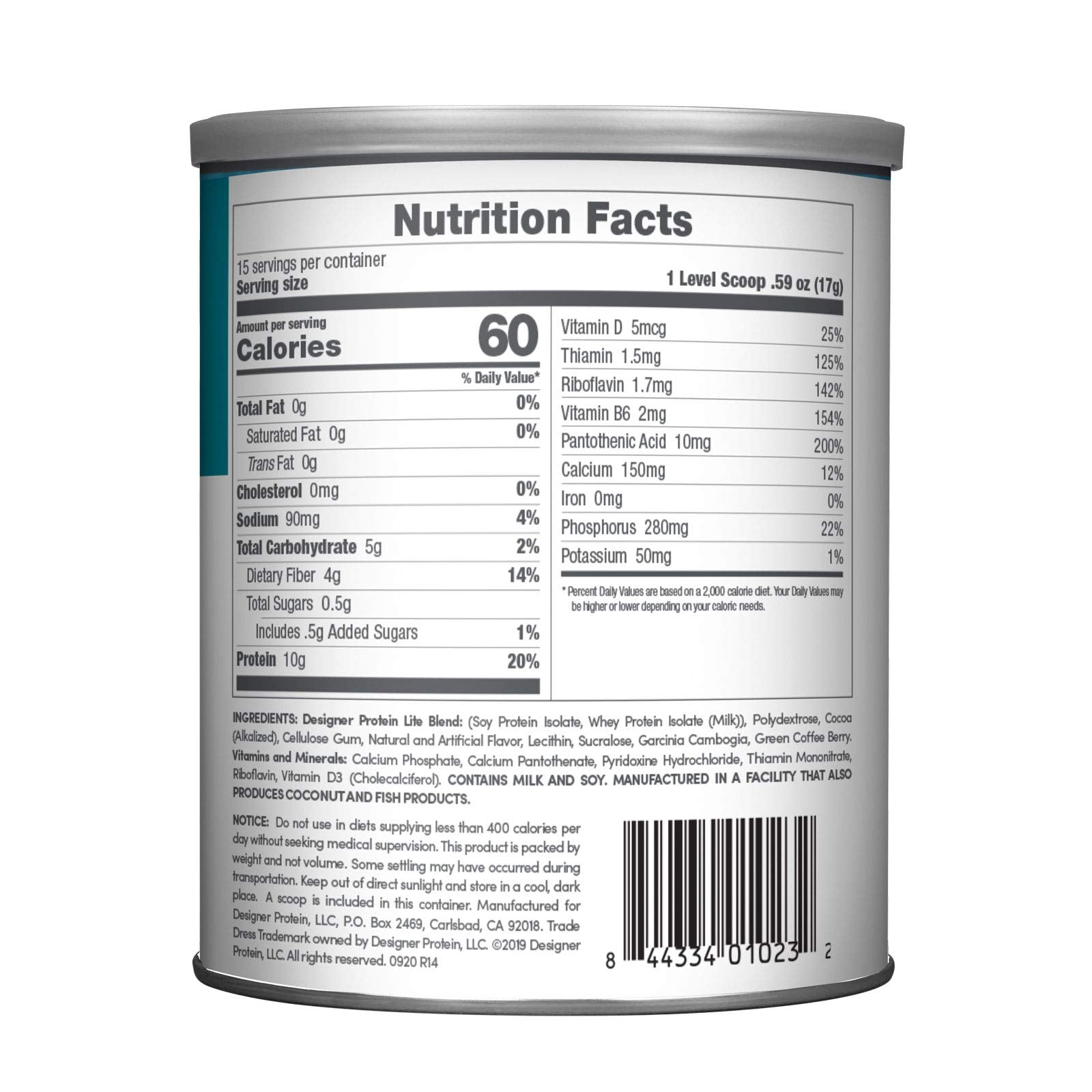 Designer Wellness Designer Lite nutrition facts panel featuring vitamins and minerals.