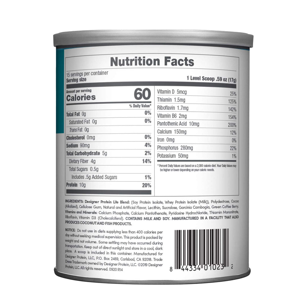 Designer Wellness Designer Lite nutrition facts panel featuring vitamins and minerals.