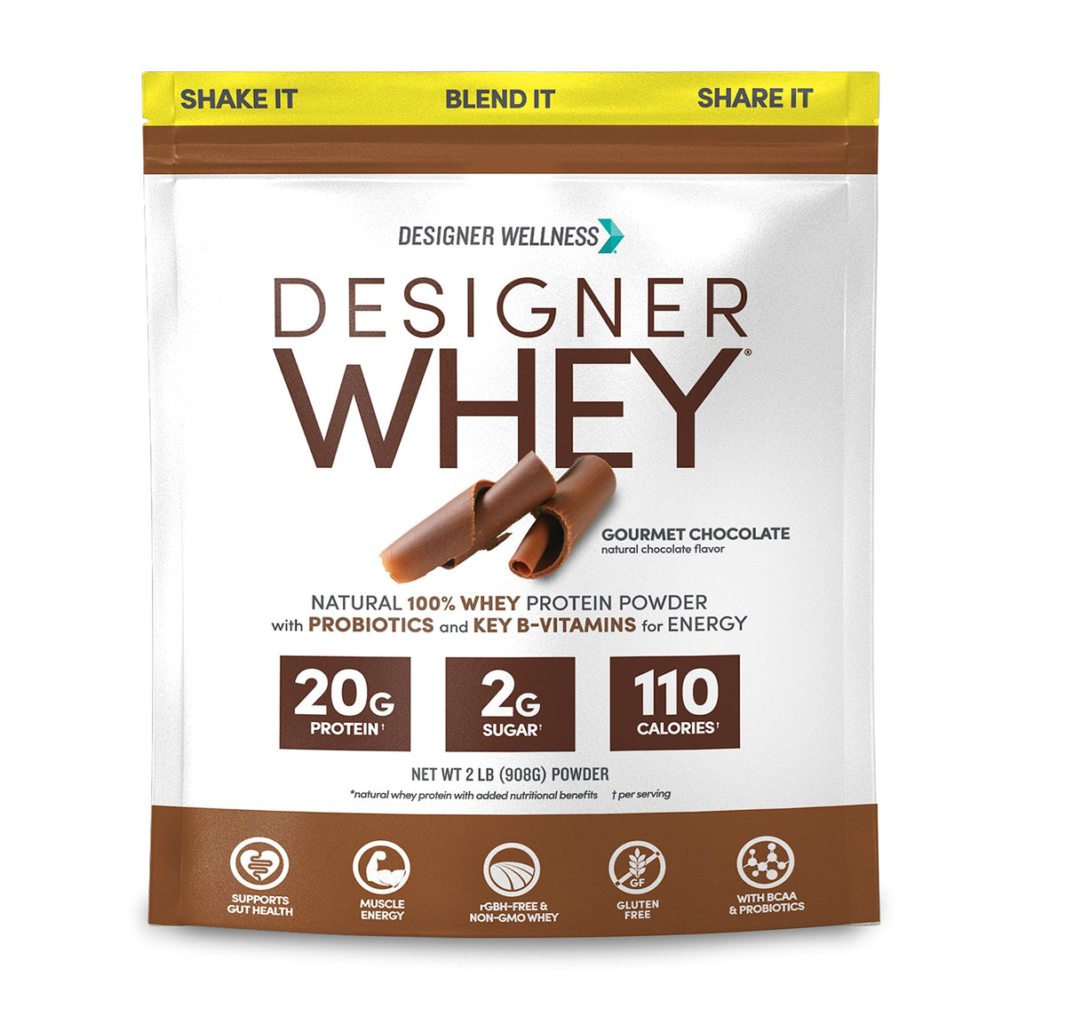 Designer Wellness Designer Whey bottle-pour promotes smooth chocolate flavor for post-workout refuel