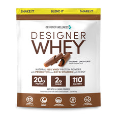 Designer Wellness Designer Whey bottle-pour promotes smooth chocolate flavor for post-workout refuel
