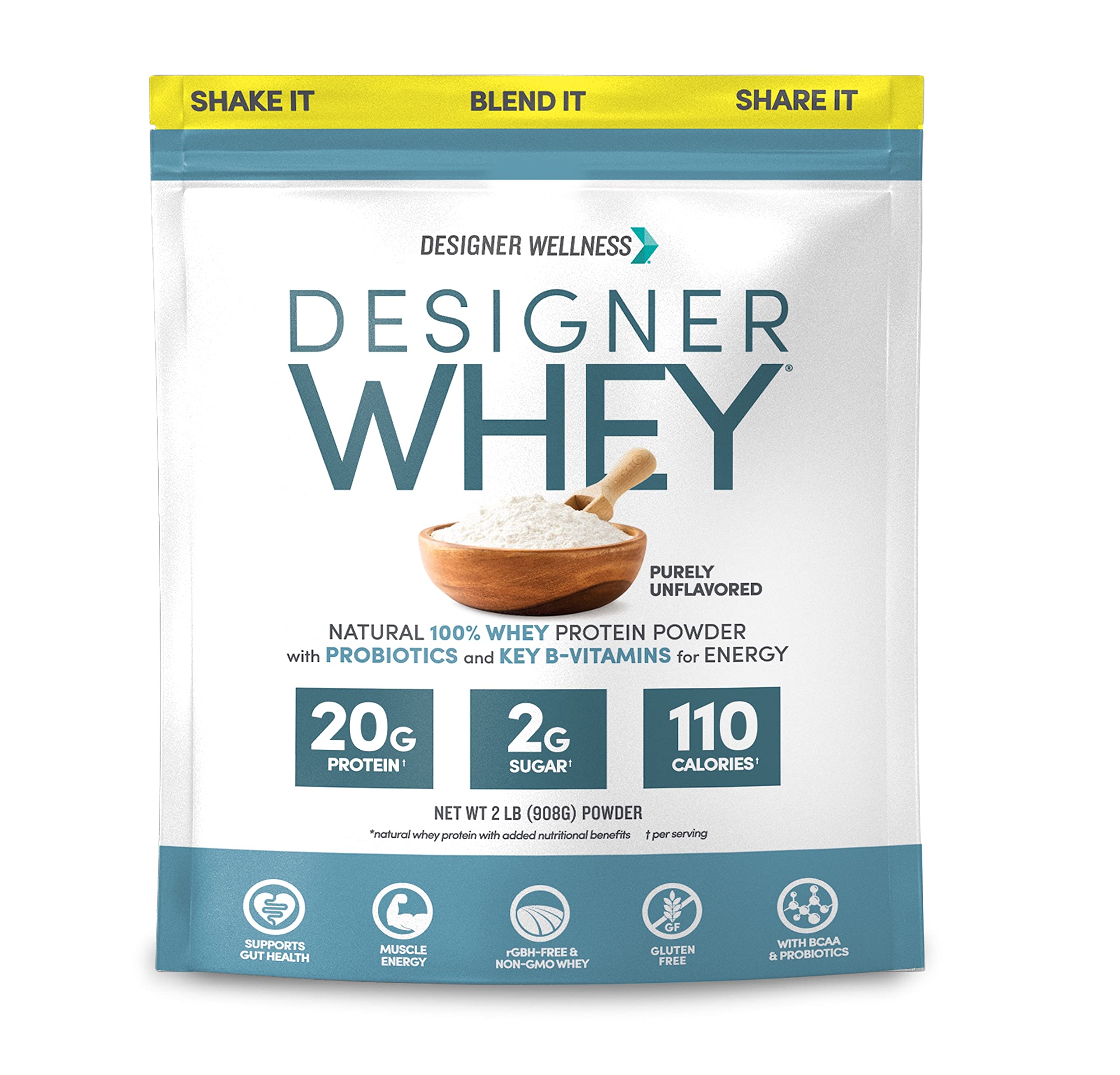 Designer Wellness Designer Whey bottle shows 20 g protein for daily fueling