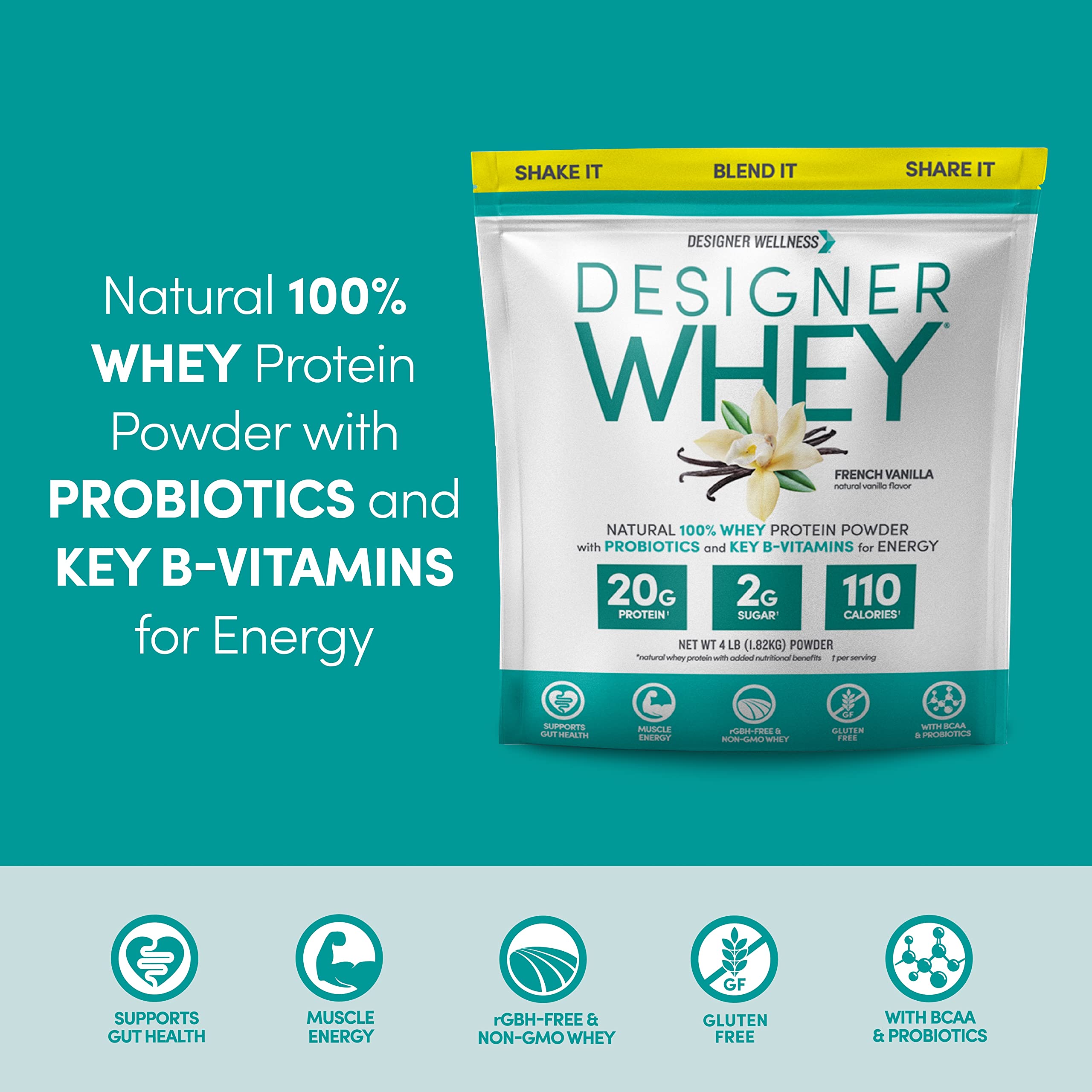 Designer Wellness Designer Whey label closeup emphasizes clean, gluten-free ingredients