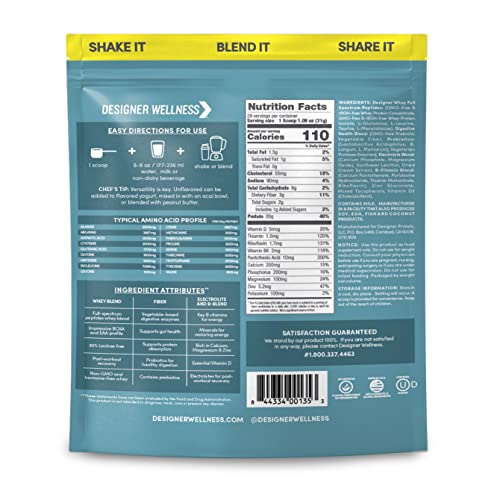 Designer Wellness Designer Whey label displays calories and gluten-free status for mindful intake
