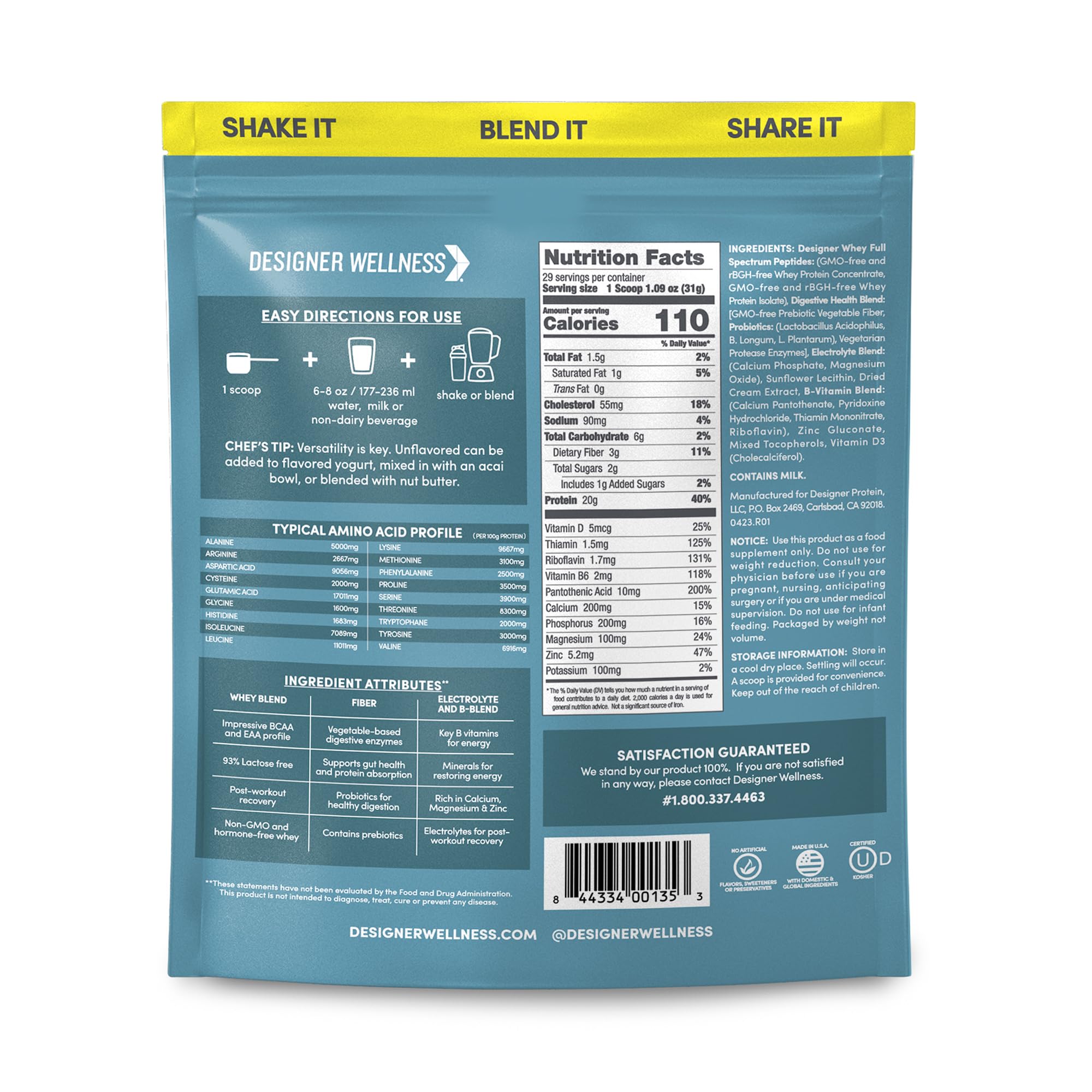 Designer Wellness Designer Whey protein scoop illustrates easy mixing into shakes
