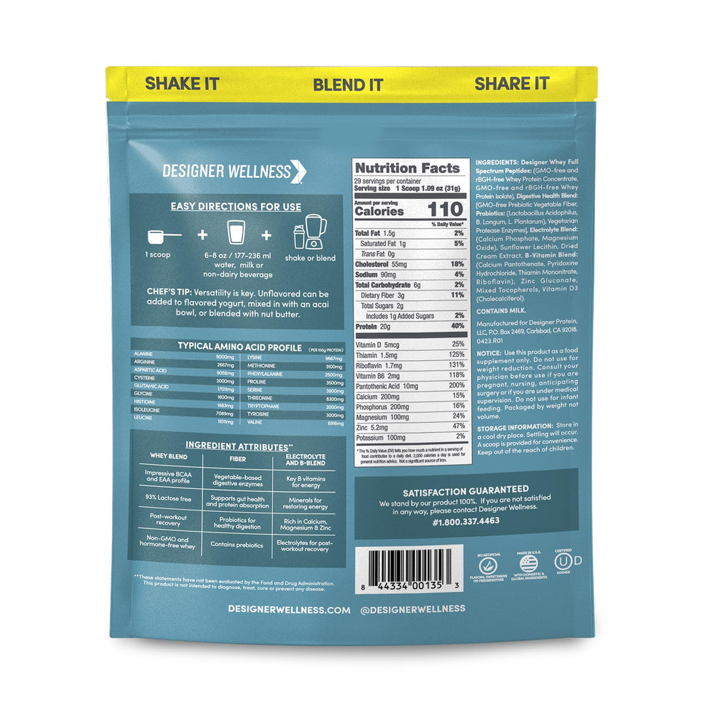 Designer Wellness Designer Whey protein scoop illustrates easy mixing into shakes
