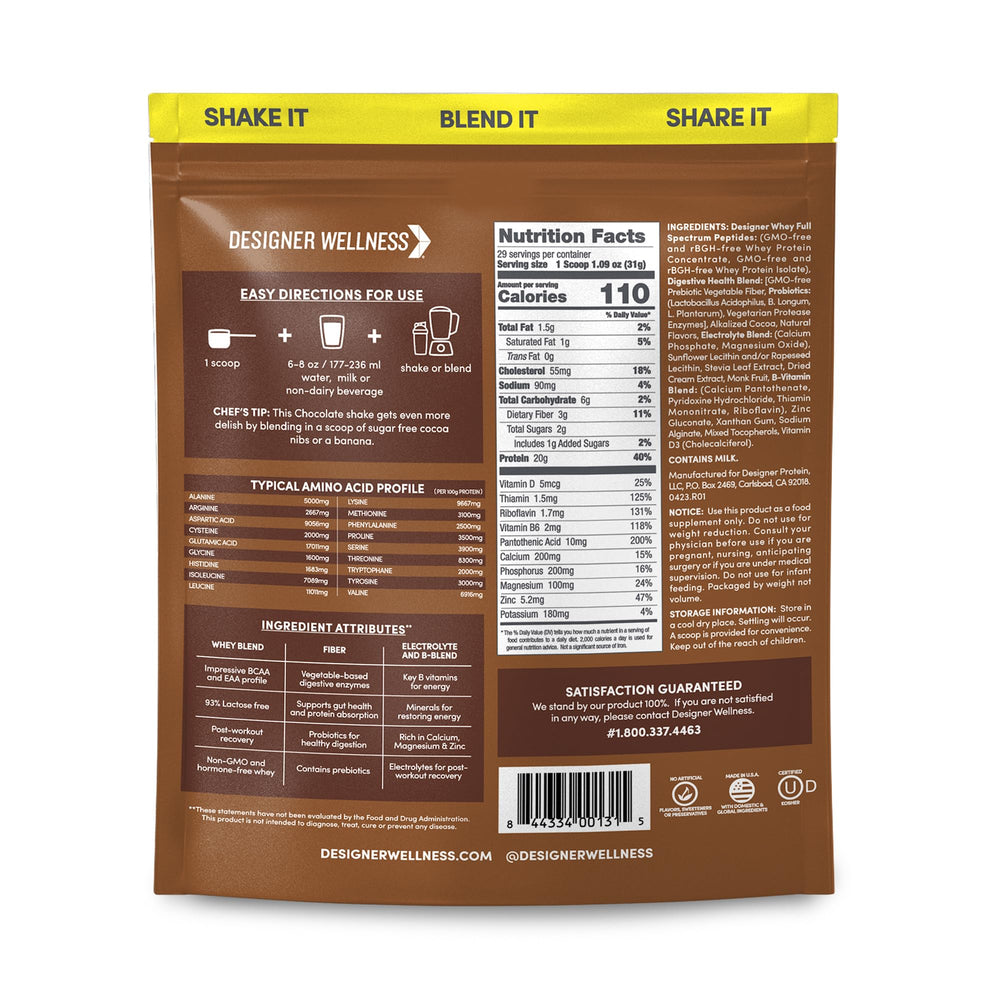 Designer Wellness Designer Whey scoop-dispense ensures accurate 20 g protein per serving