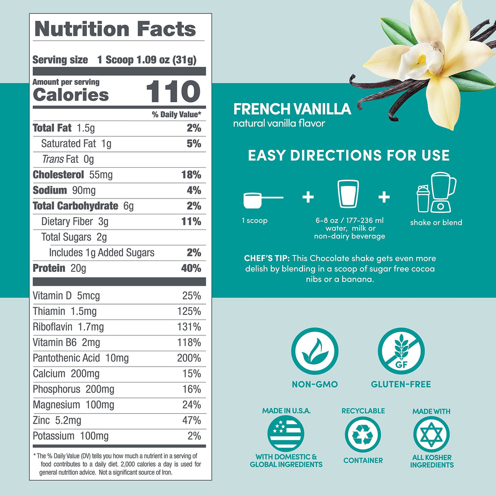 Designer Wellness Designer Whey mixed shake in glass, creamy vanilla flavor