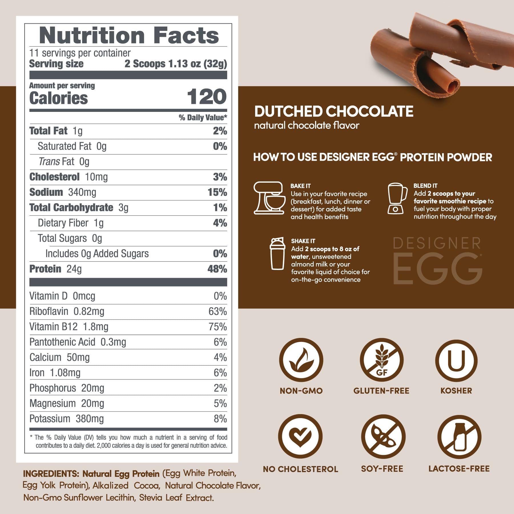 Scoop of powder dissolves smoothly in water, Designer Wellness egg protein for quick mixes.