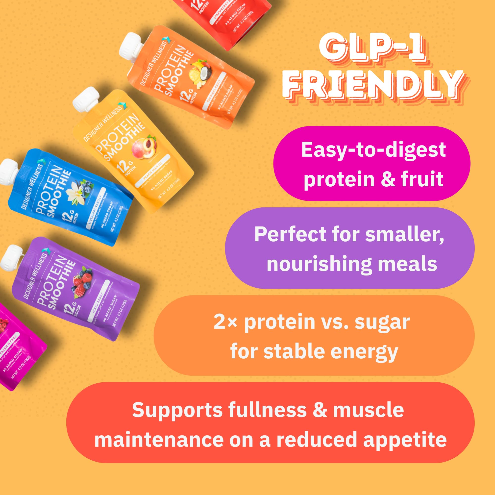 Designer Wellness Protein Smoothie gluten-free badge indicates allergy-friendly option.