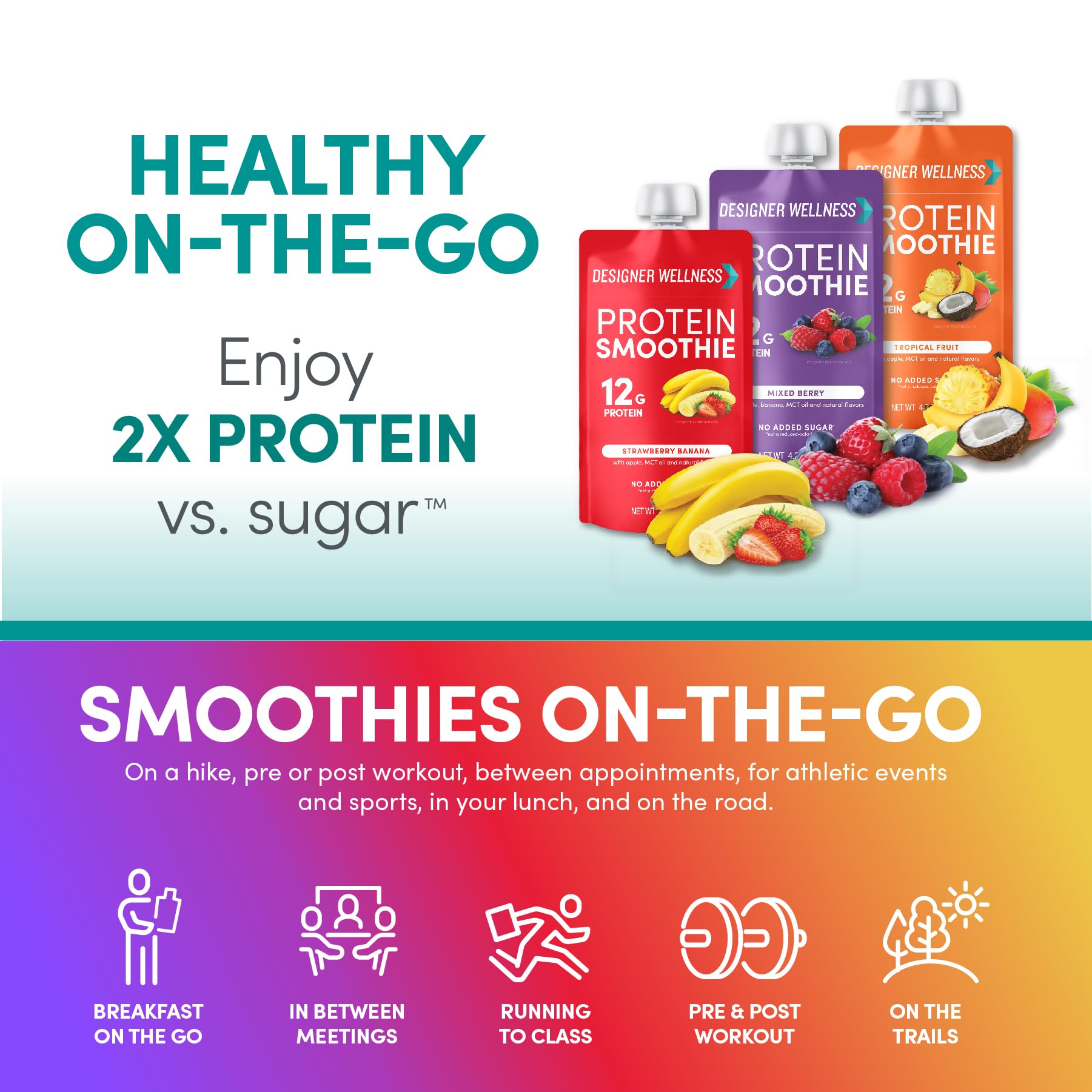 Designer Wellness Protein Smoothie MCT oil inclusion signals balanced fats for energy.