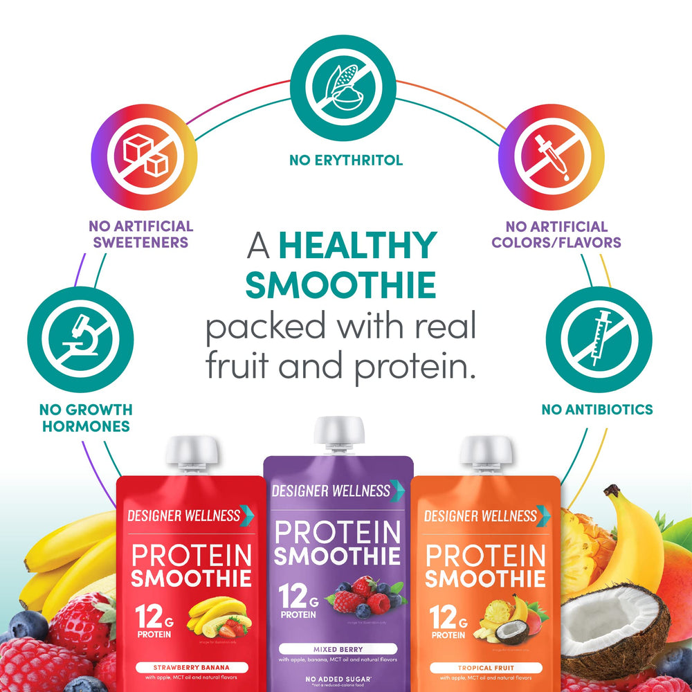 Designer Wellness Protein Smoothie nutrition label emphasizes 12g protein per serving.