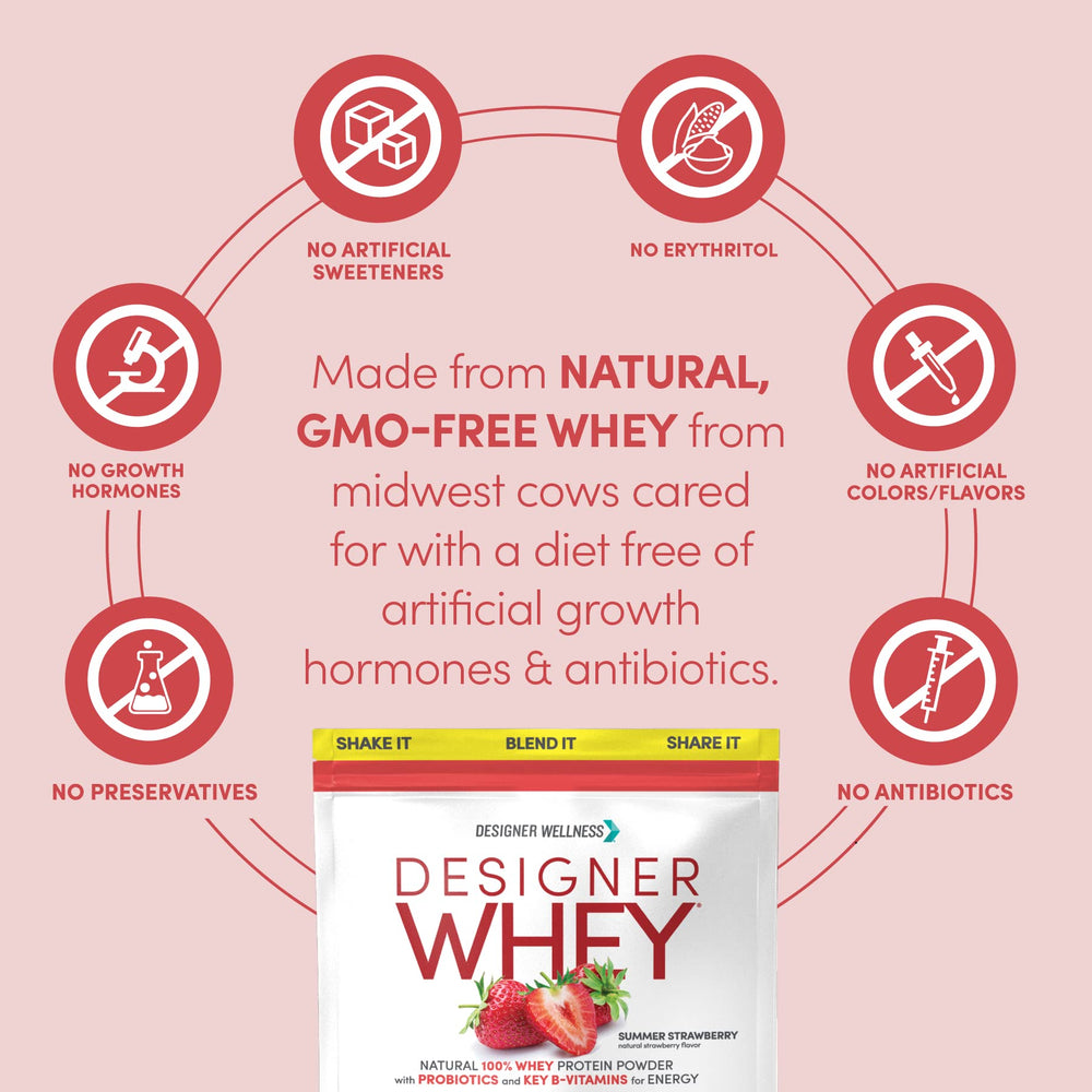 Designer Whey glass of shake reflects a refreshing, strawberry-colored drink.