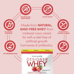 Designer Whey glass of shake reflects a refreshing, strawberry-colored drink.