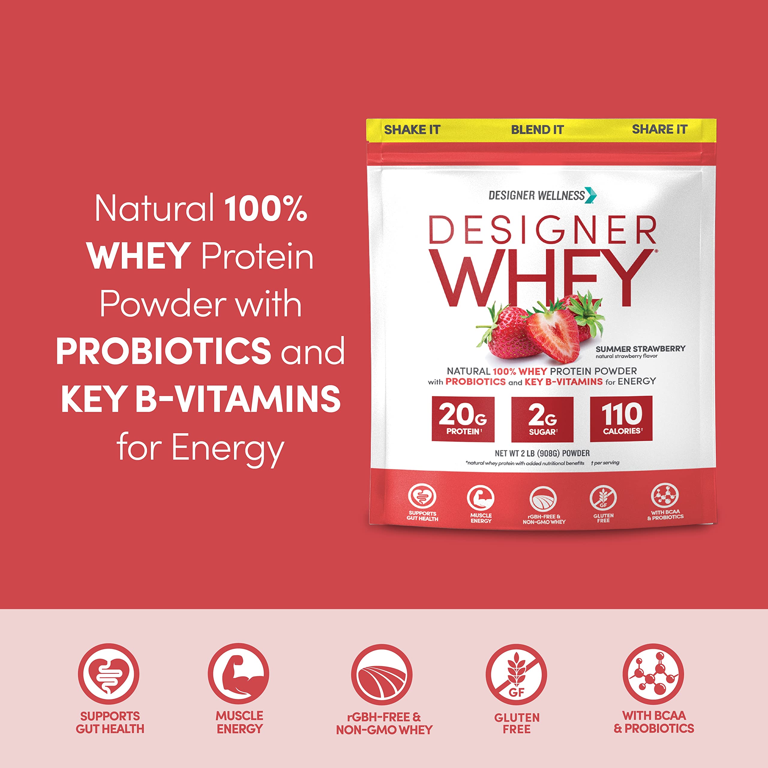 Designer Whey mixed shake in a shaker showcasing creamy Summer Strawberry flavor.