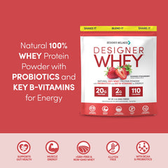 Designer Whey mixed shake in a shaker showcasing creamy Summer Strawberry flavor.