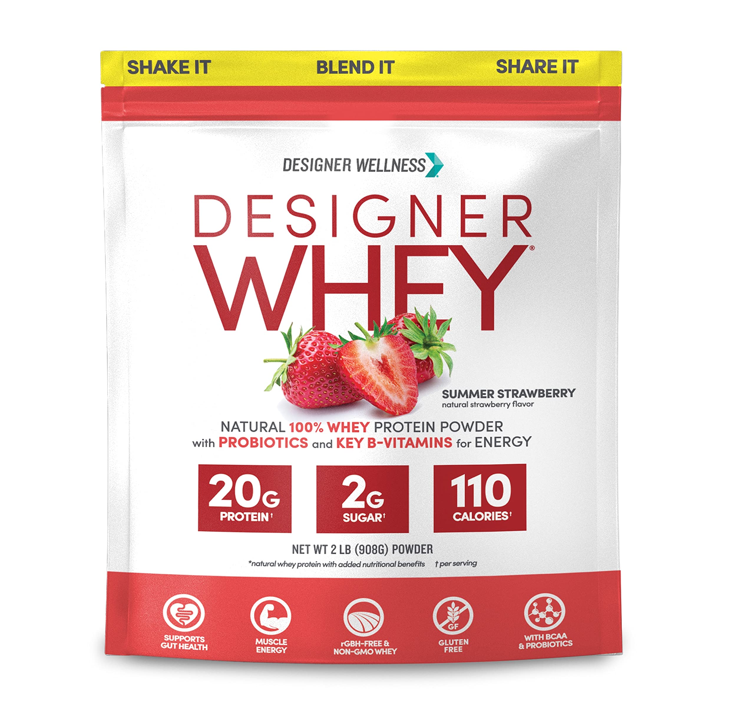 Designer Whey scoop in a bowl delivering protein for post-workout recovery.