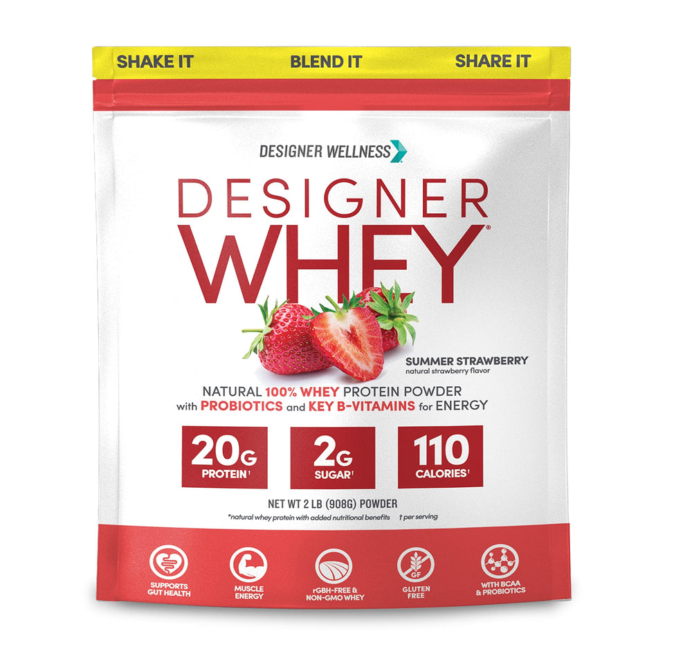 Designer Whey scoop in a bowl delivering protein for post-workout recovery.