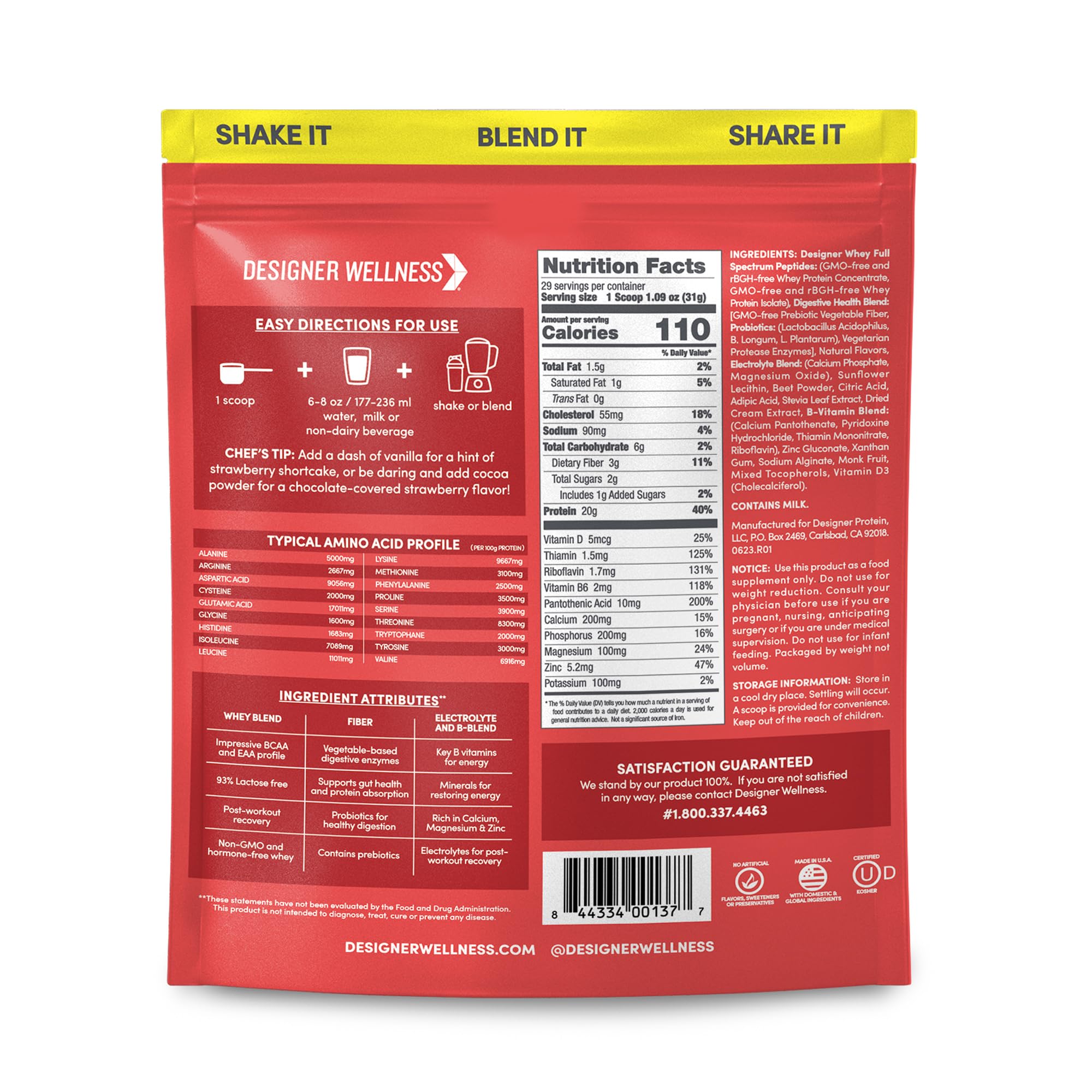 Designer Whey tub label close-up highlighting gluten-free formula and probiotic ingredients.