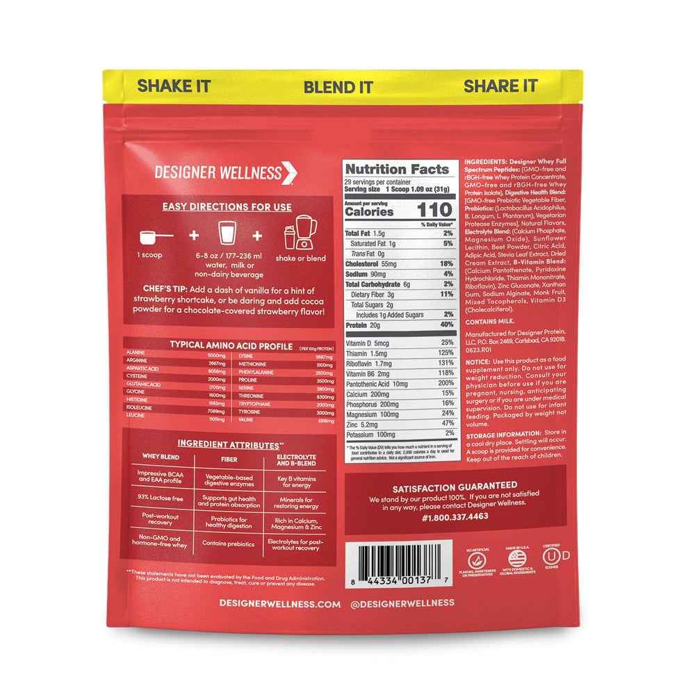 Designer Whey tub label close-up highlighting gluten-free formula and probiotic ingredients.