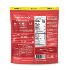 Designer Whey tub label close-up highlighting gluten-free formula and probiotic ingredients.