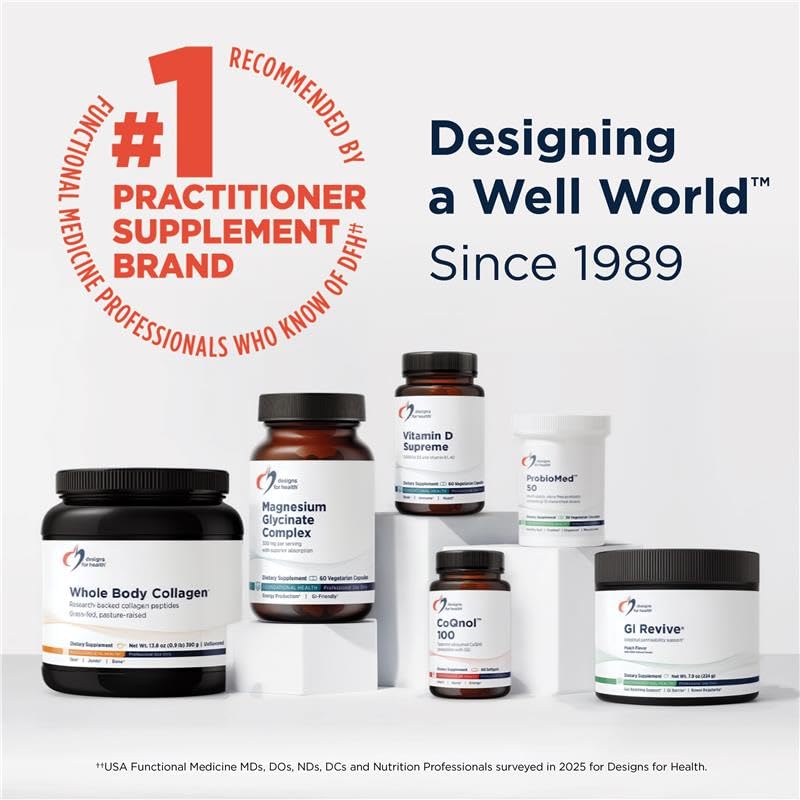 Designs for Health Adrenal Complex capsules poured for a convenient daily dose.