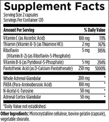 Designs for Health Adrenal Complex label closeup highlights purity and formulation.