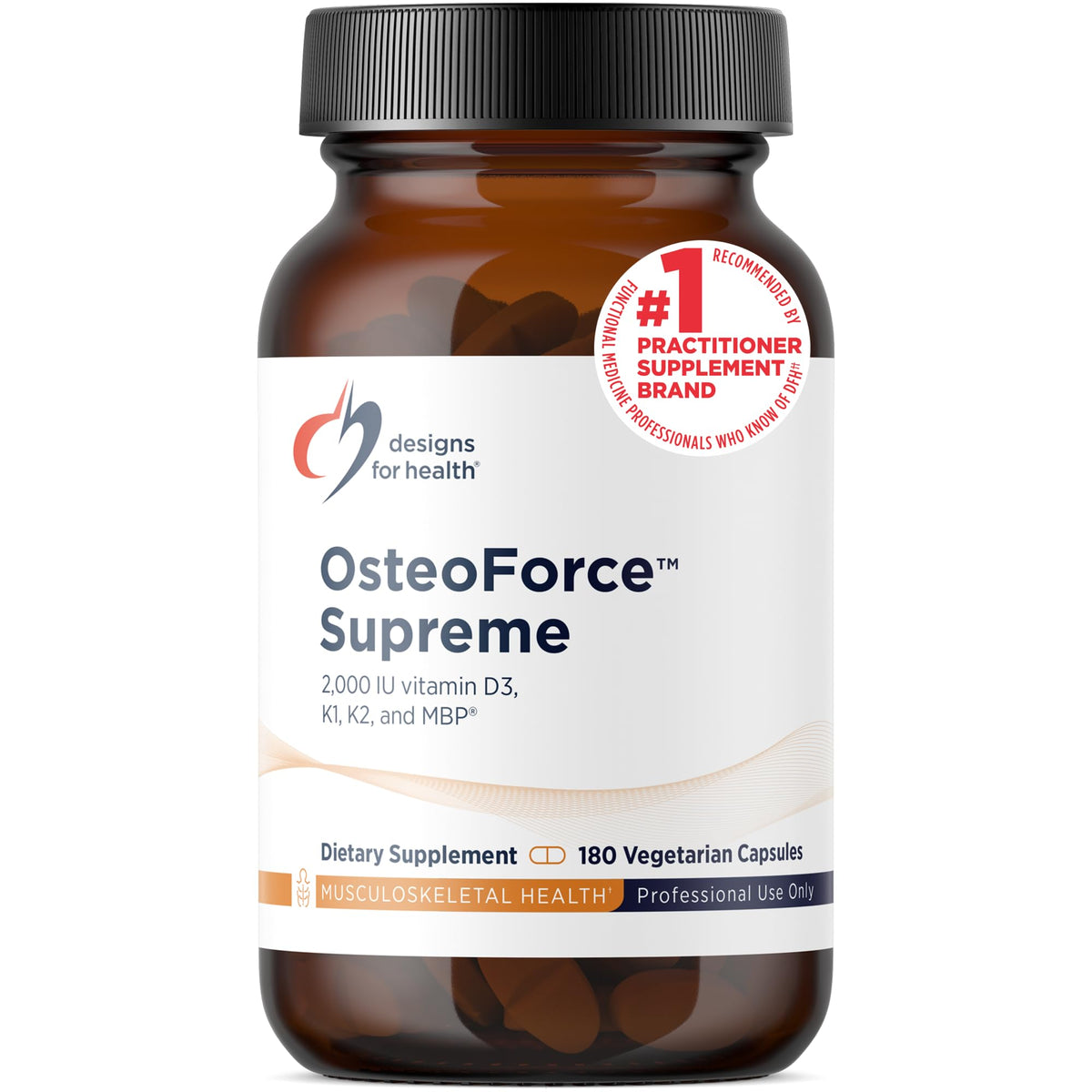 Designs for Health OsteoForce Supreme bottle-front promotes bone-supporting nutrition for daily wellness.