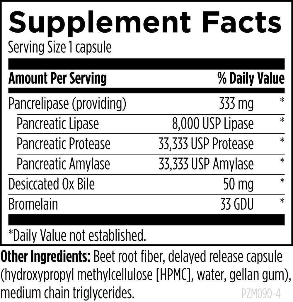 Product label of Designs for Health Pancreatic Enzymes Complex highlighting paleo-friendly formula
