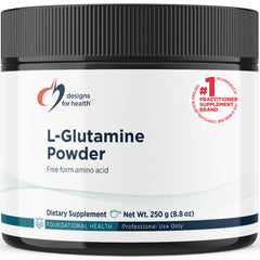 Designs for Health L-Glutamine powder bottle highlighting post-workout recovery potential