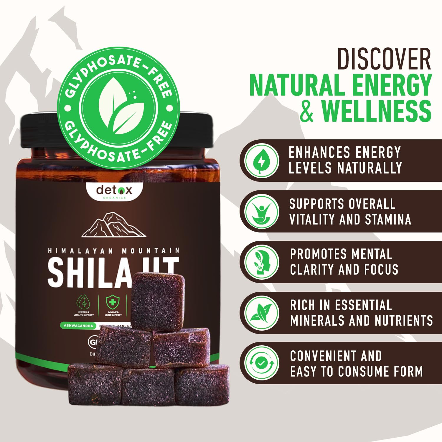 Close-up of Detox Organics Shilajit Gummies showing texture and color.