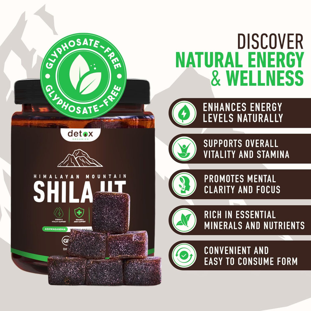 Close-up of Detox Organics Shilajit Gummies showing texture and color.