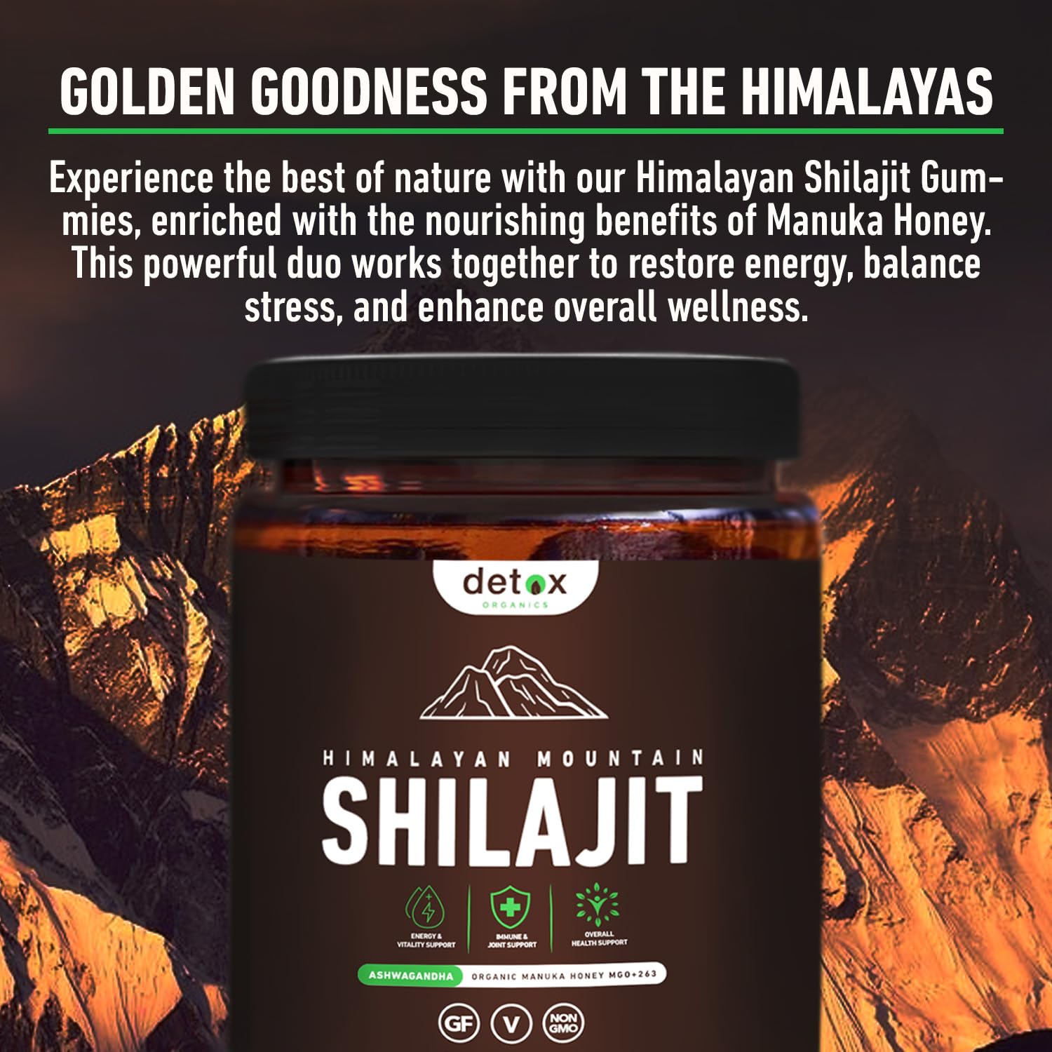 Glyphosate-free seal on Detox Organics Shilajit Gummies bottle indicating purity.