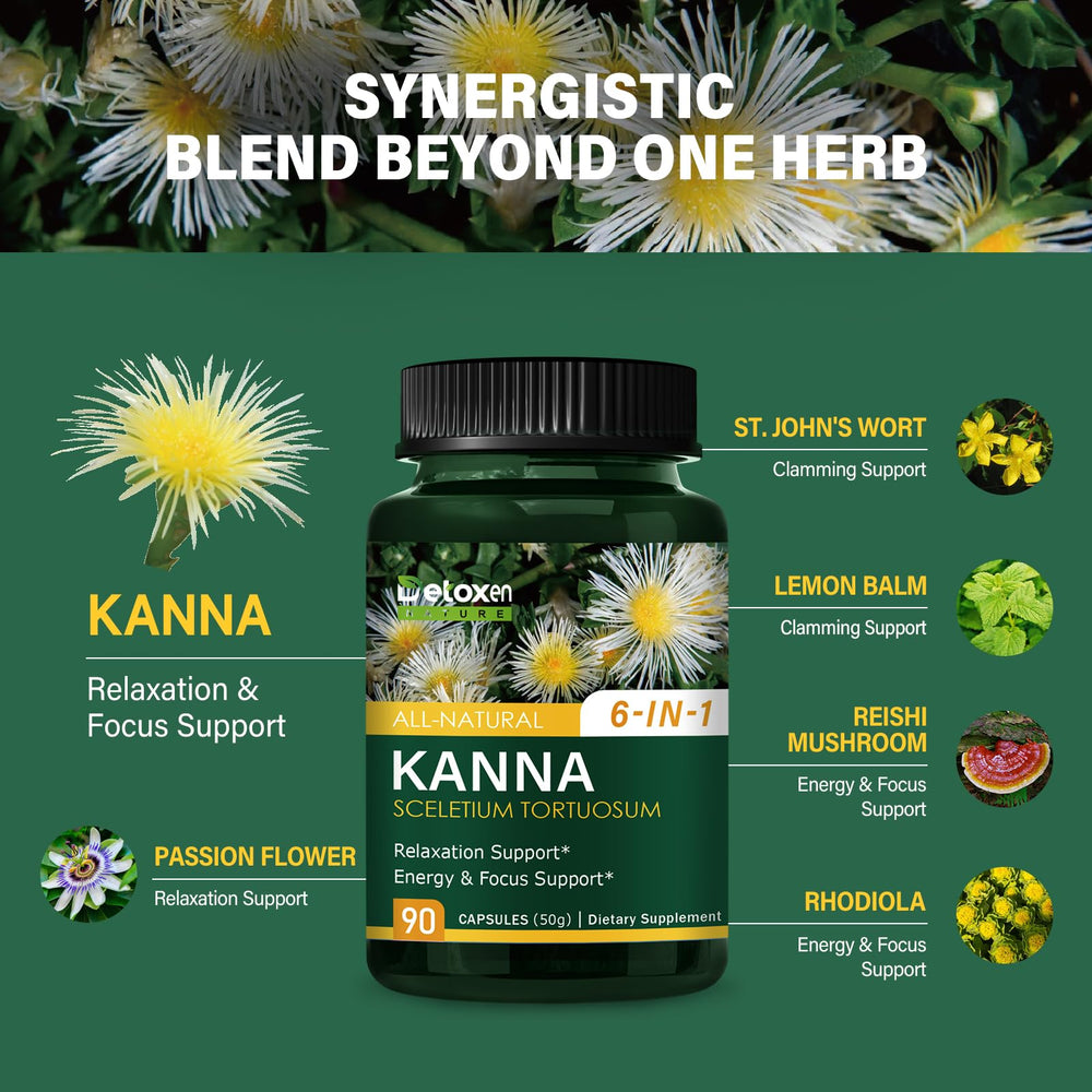 DetoxenNATURE label view on bottle highlighting the six-herb blend for relaxation.