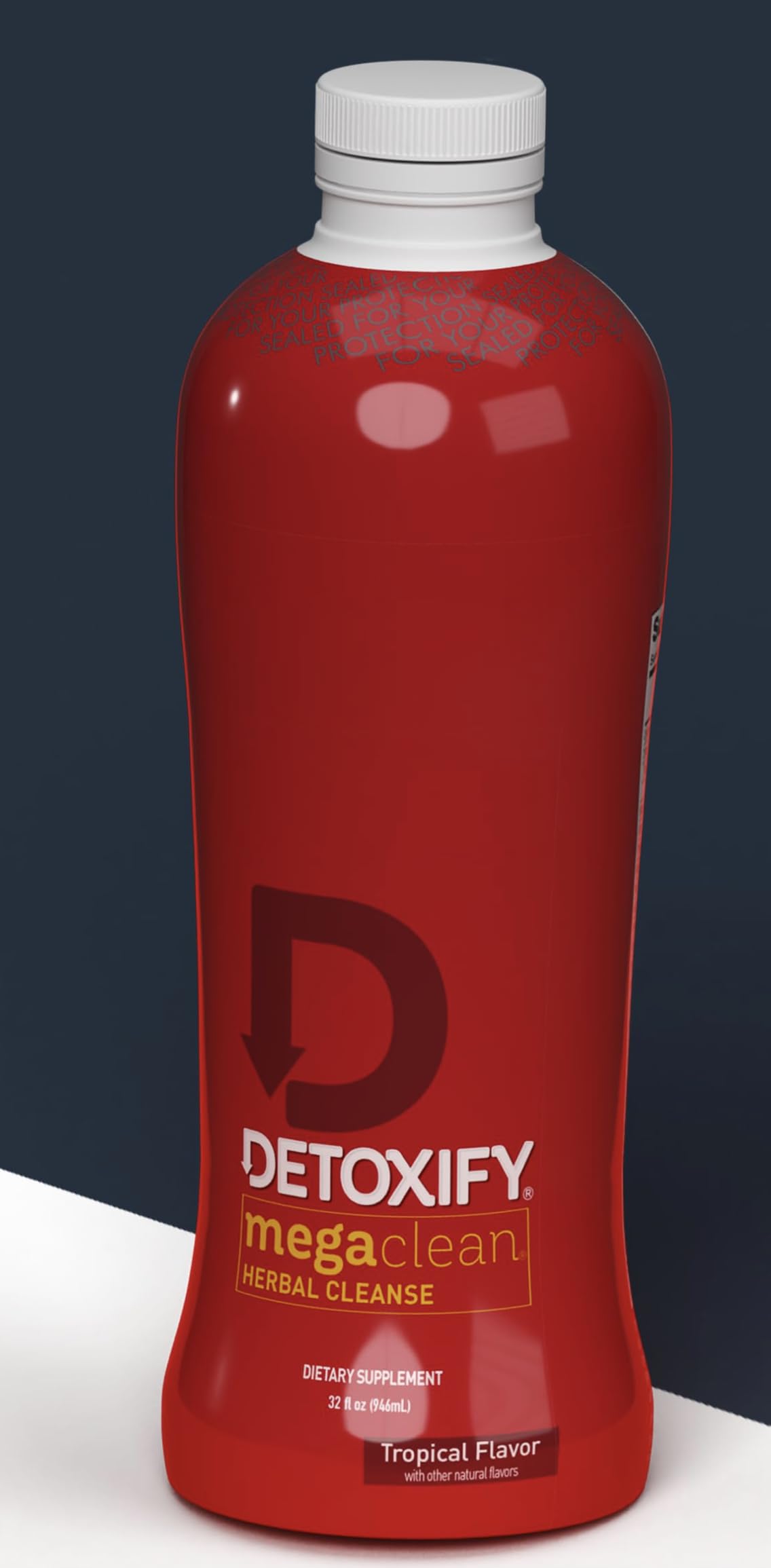 Detoxify Mega Clean tropical bottle-pour for easy serving.
