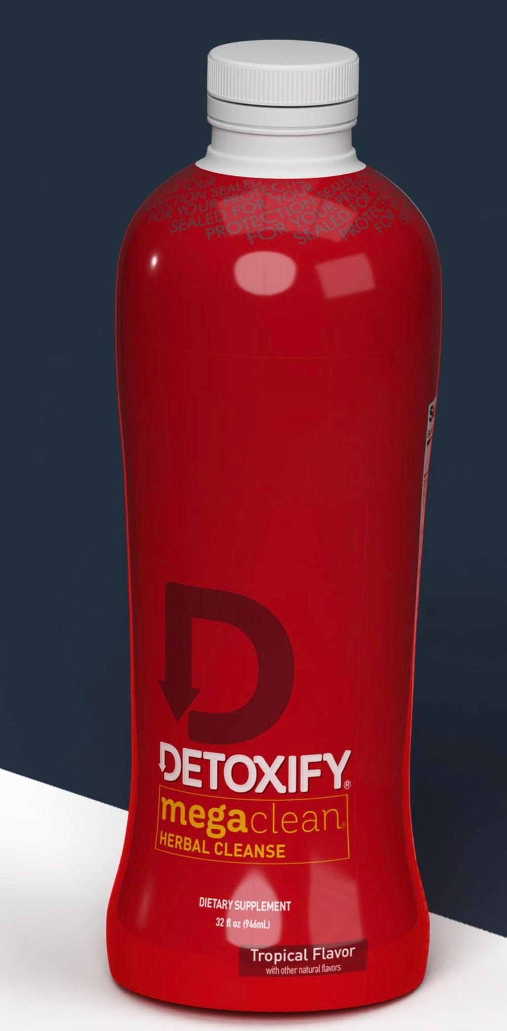 Detoxify Mega Clean tropical bottle-pour for easy serving.