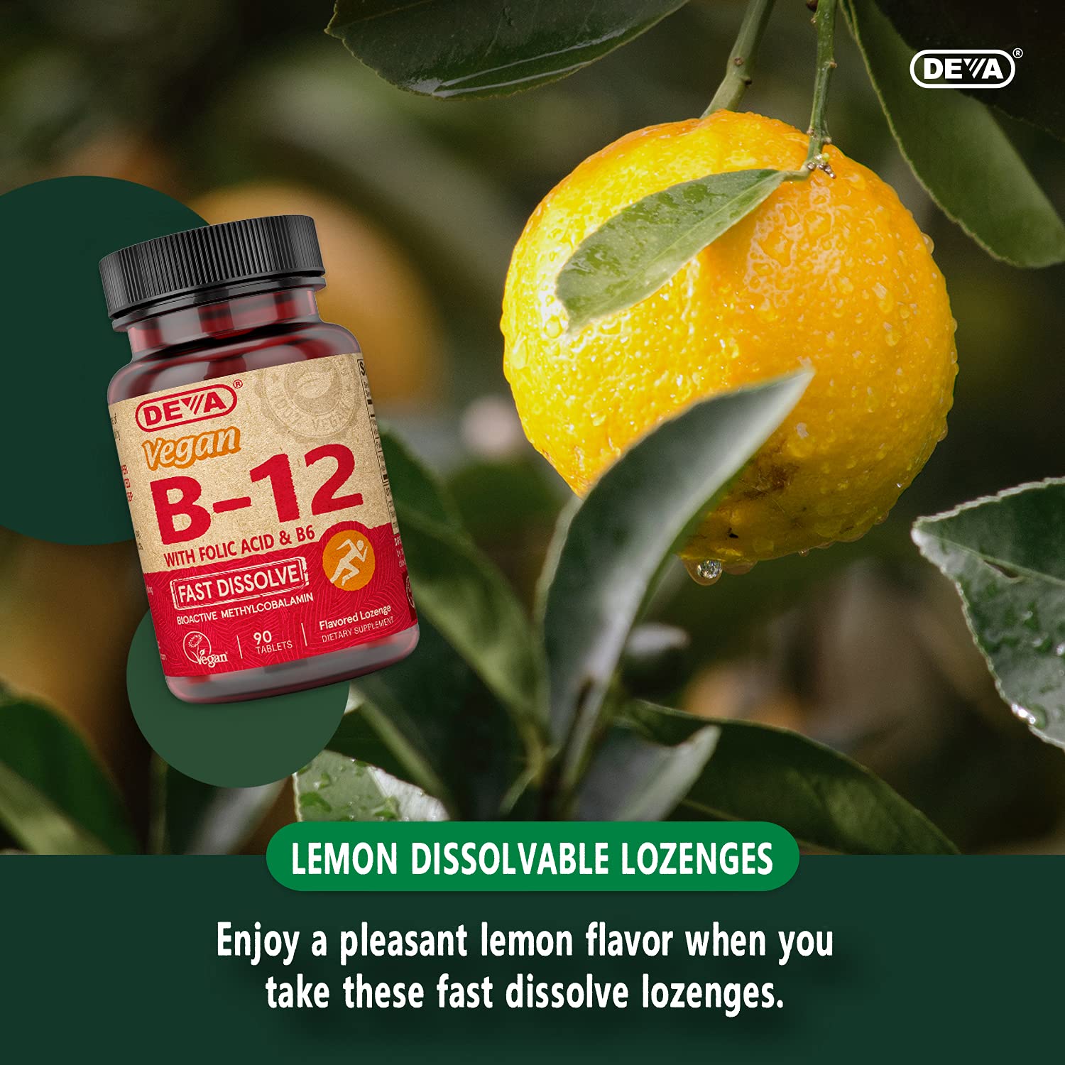 DEVA B12 tablets close-up, small and chewable.