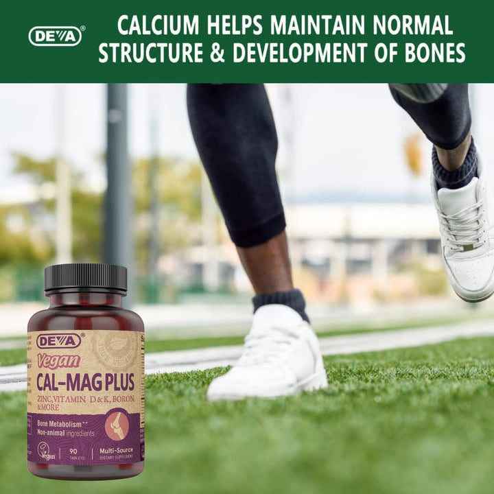 DEVA Calcium Magnesium Plus dosage scoop beside bottle for easy daily dosing