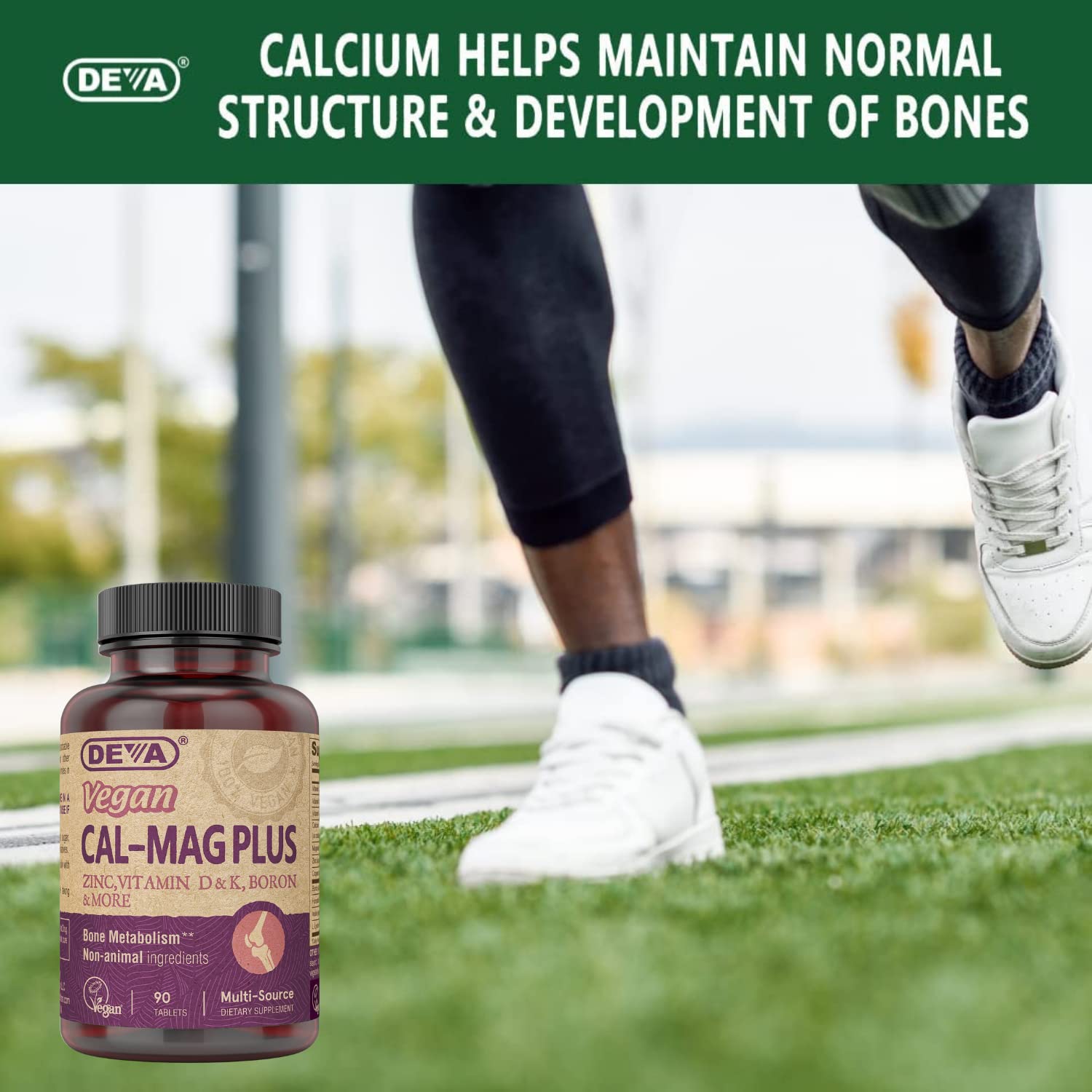 DEVA Cal-Mag Plus on kitchen counter with healthy foods for daily wellness