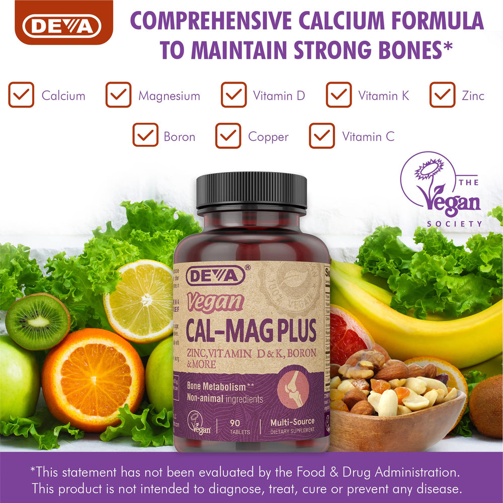 Close-up of the DEVA Cal-Mag Plus label detailing minerals for bone health