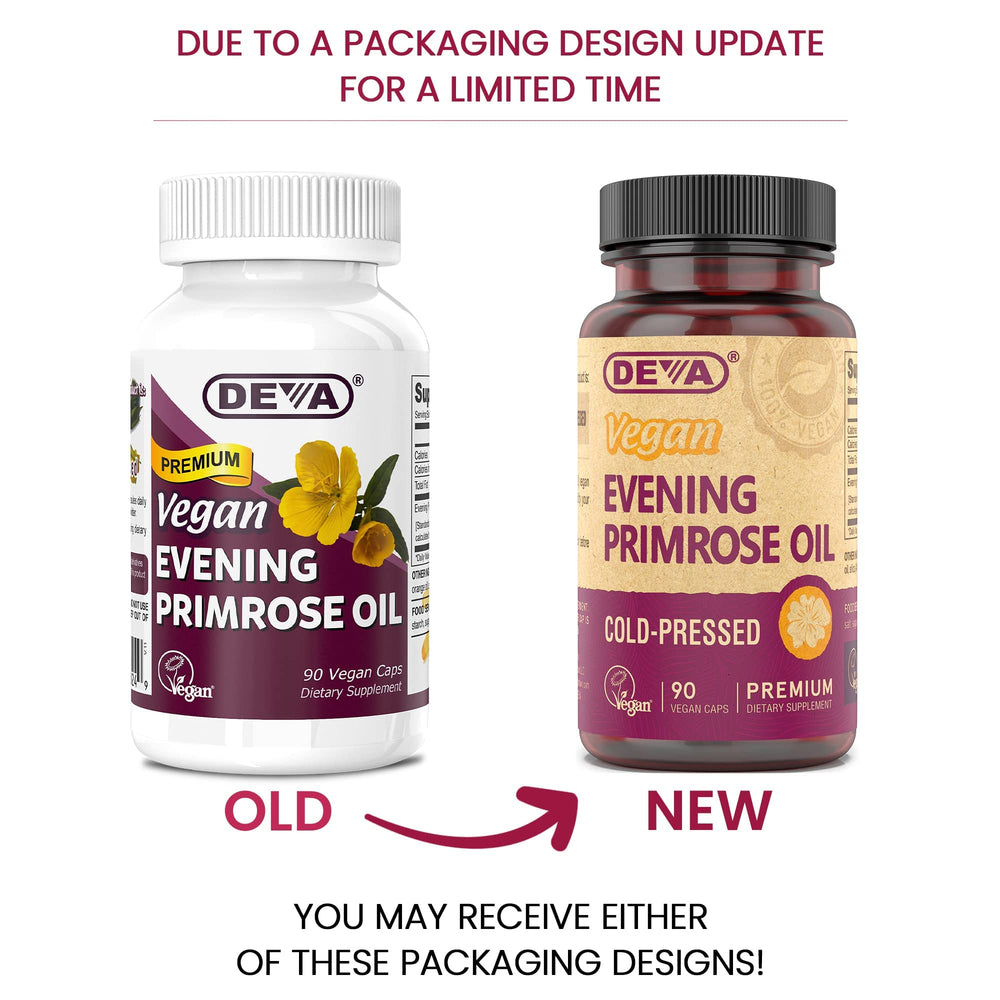 DEVA Evening Primrose Oil bottle shows vegan-certified, organic capsules for everyday use.