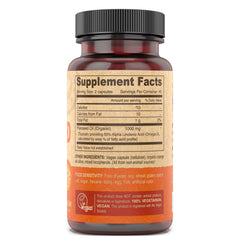 Close-up label highlights cold-pressed unrefined flax oil quality and vegan ingredients.