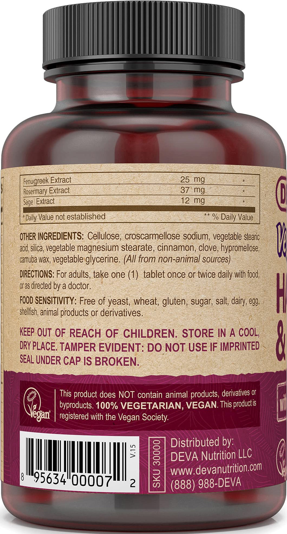 Close-up of DEVA tablets highlighting Biotin content for potential hair-support benefits.