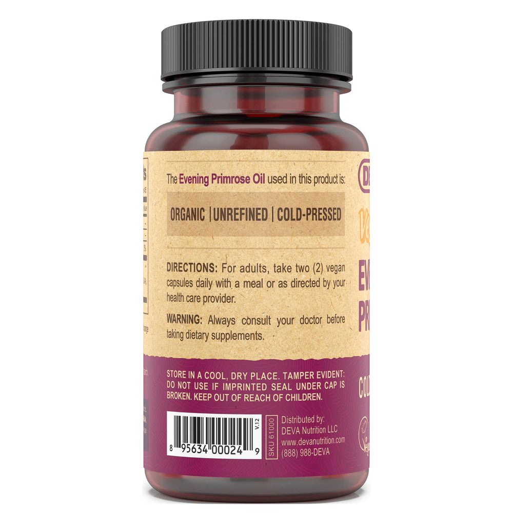 Label notes hexane-free extraction for DEVA evening primrose oil.