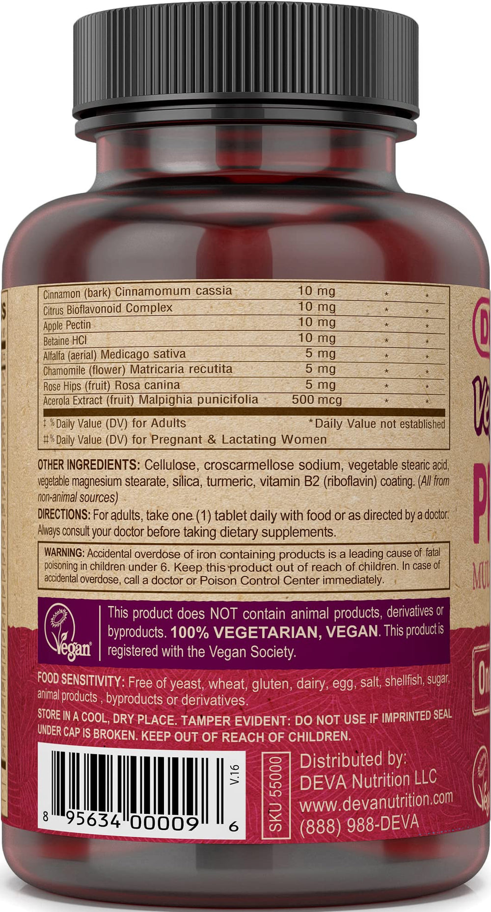 DEVA prenatal multivitamin label highlighting vegan ingredients and nutrition info