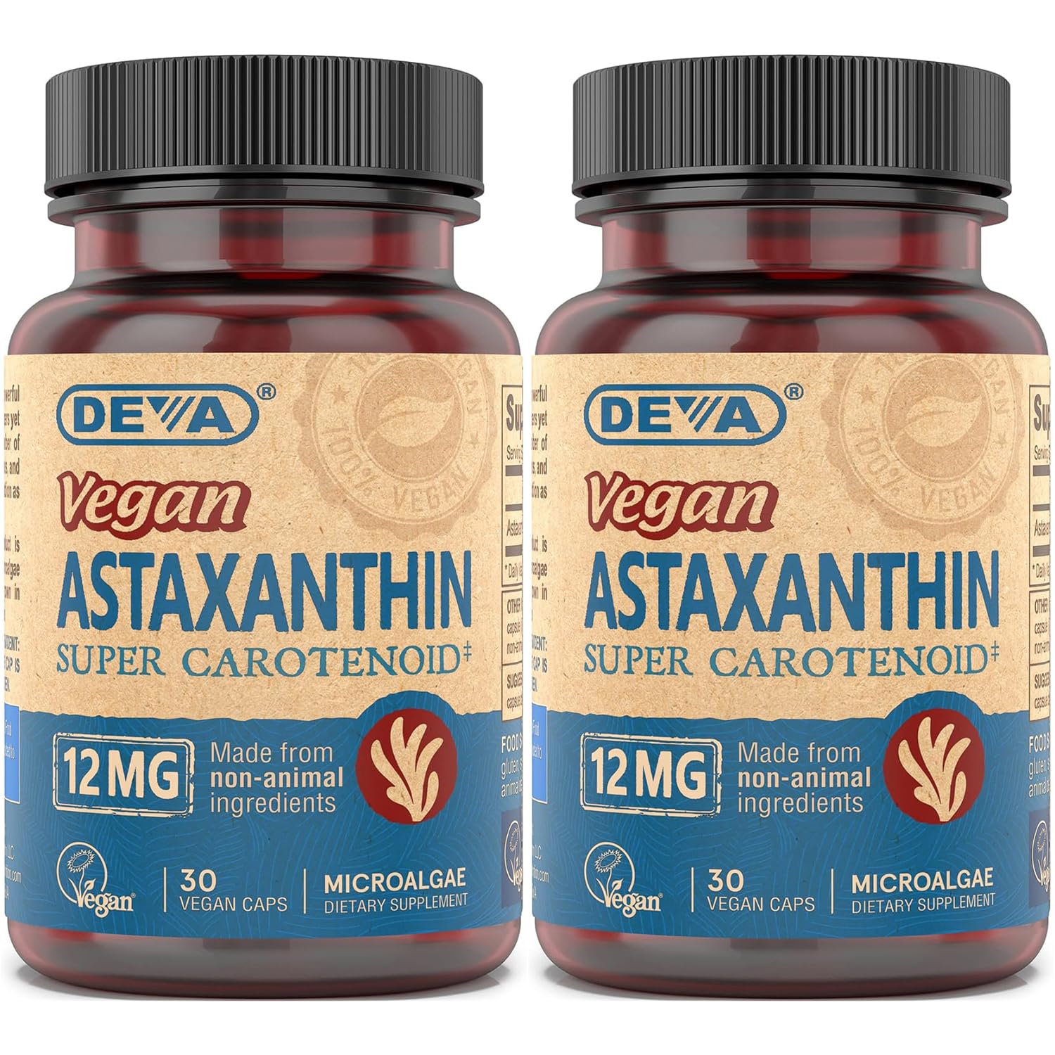 DEVA Vegan Astaxanthin bottle front, plant-based antioxidant option for daily wellness.