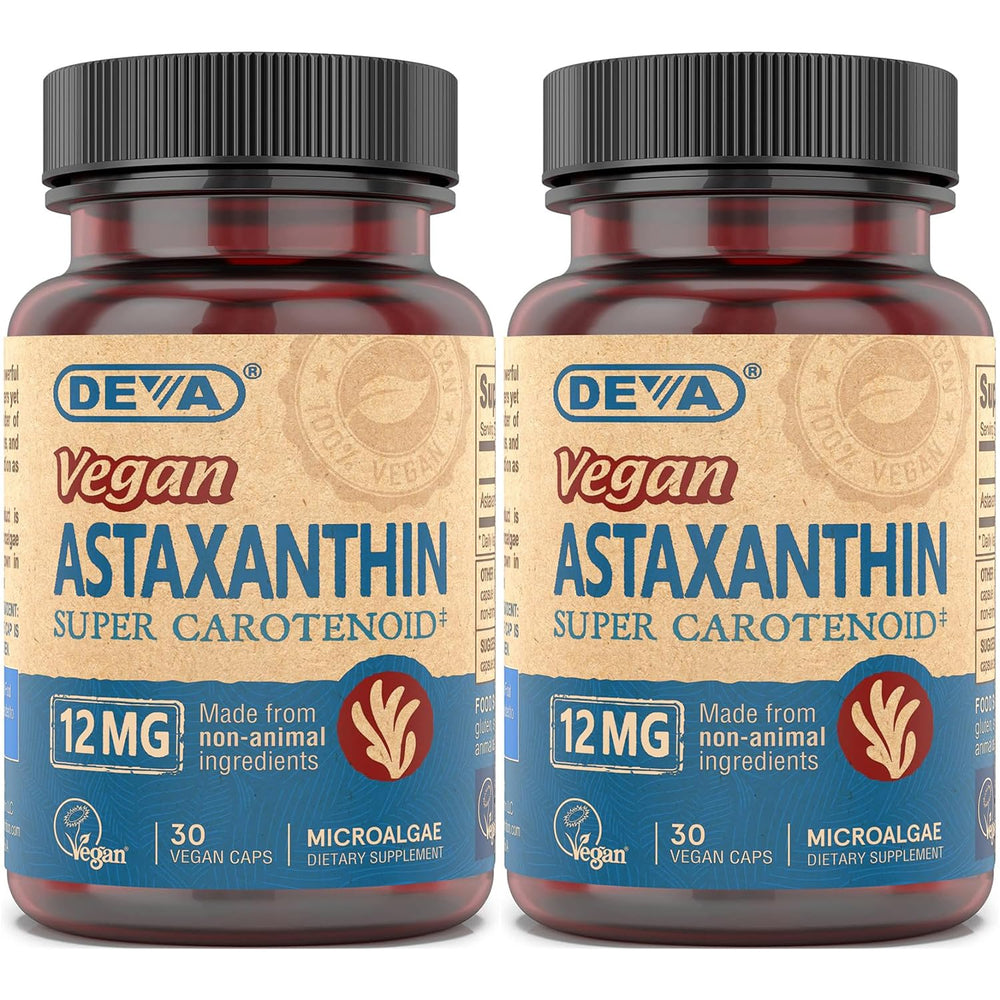 DEVA Vegan Astaxanthin bottle front, plant-based antioxidant option for daily wellness.