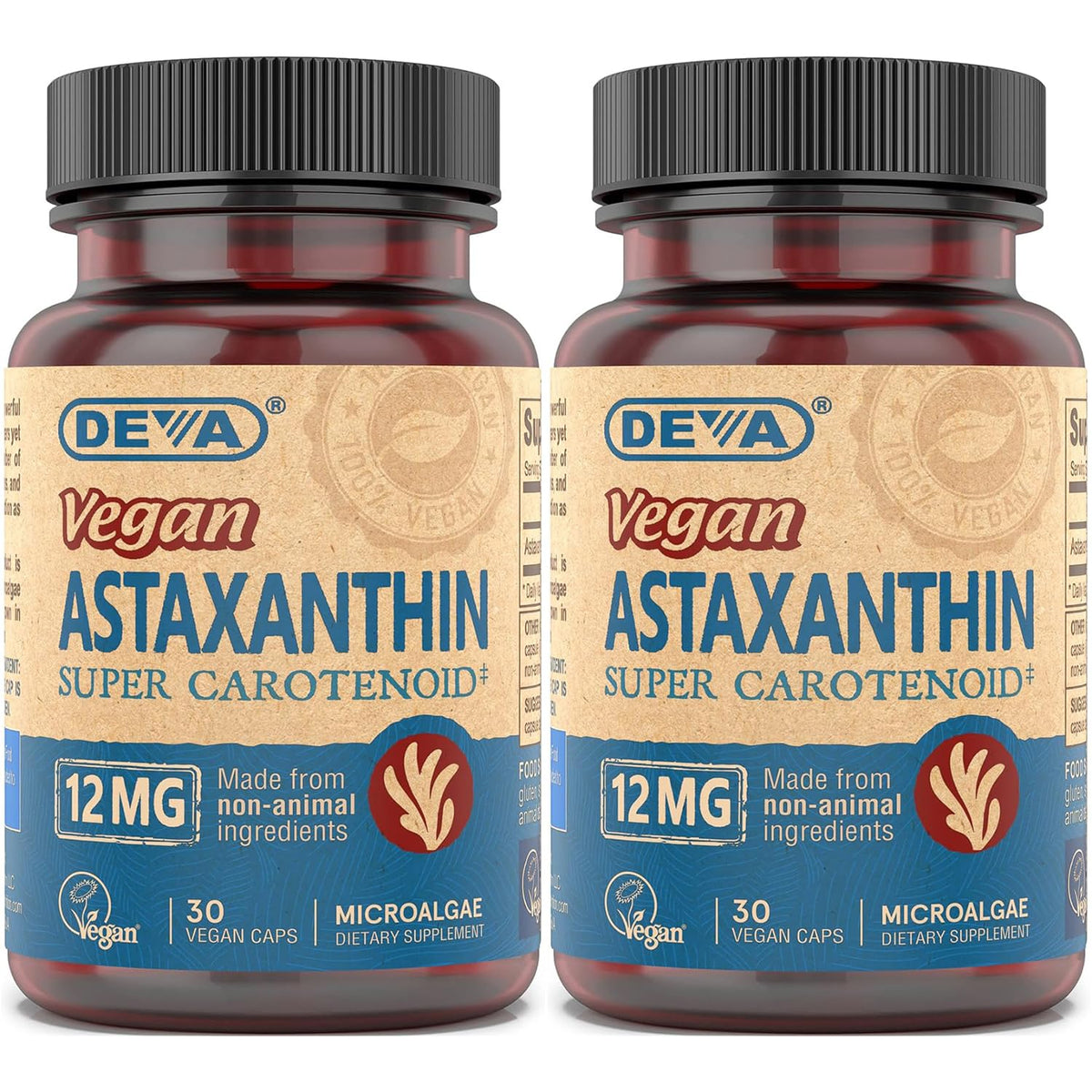 DEVA Vegan Astaxanthin bottle front, plant-based antioxidant option for daily wellness.