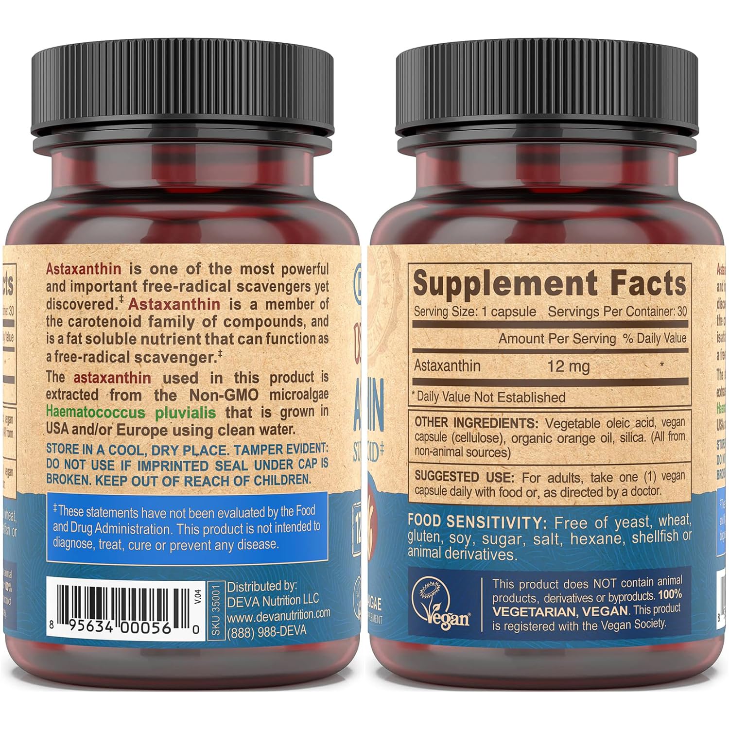 DEVA Vegan Astaxanthin label close-up highlighting purity and vegan certification.